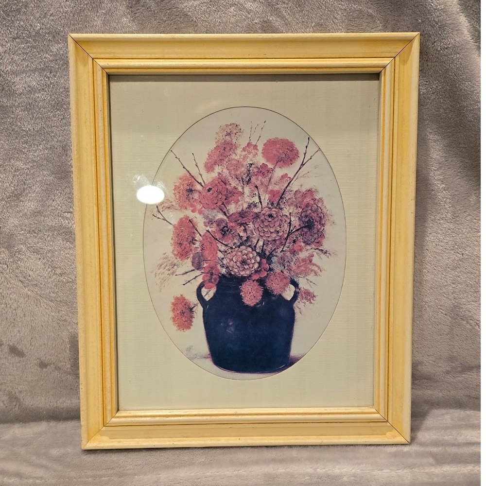 Vintage Floral Art Print Pink Flowers Navy Blue Vase Cream Wood Frame 11.5x9.5"